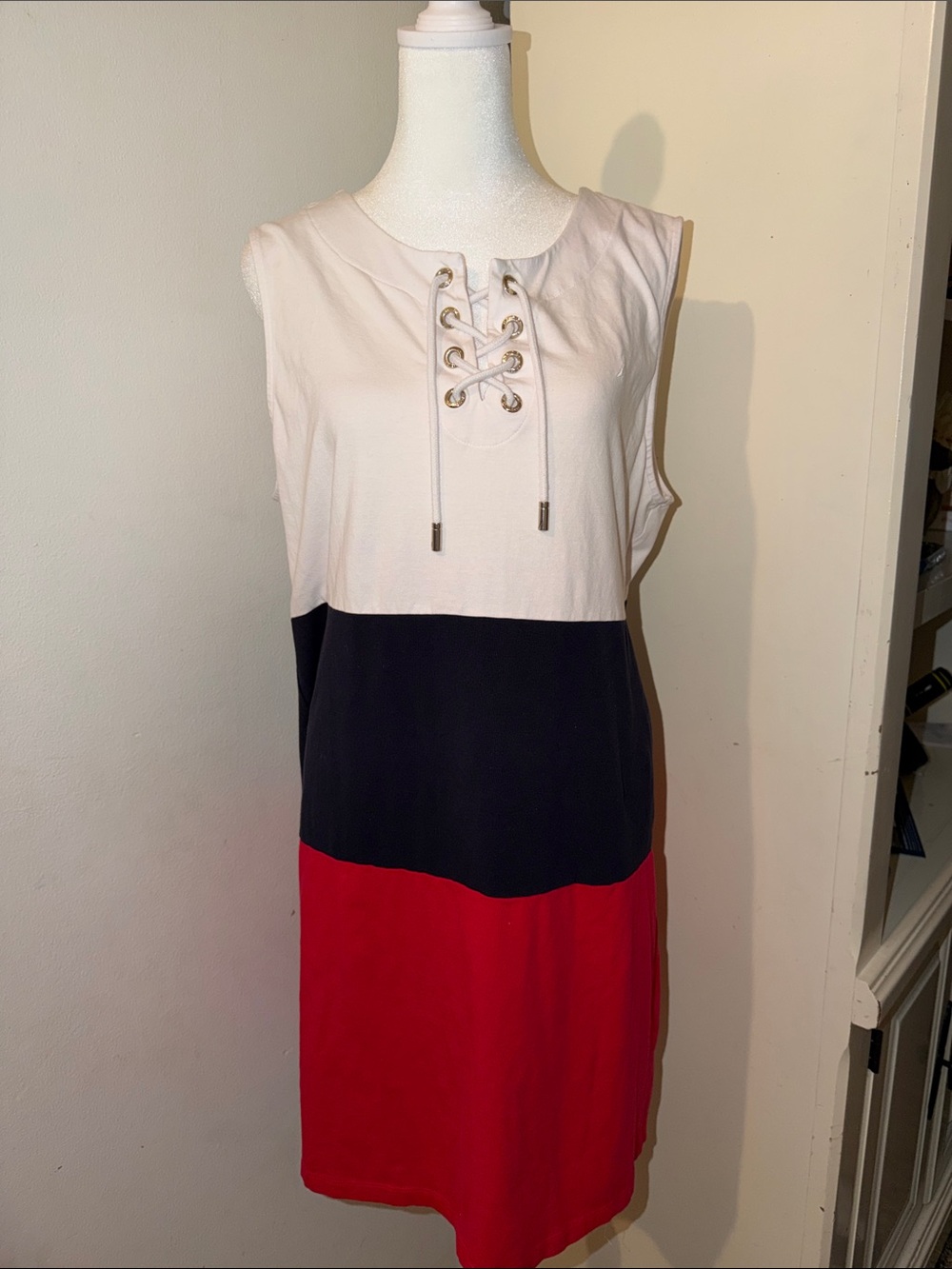 Nautica Sleeveless Colorblock Lace-Up Dress - White, Black & Red